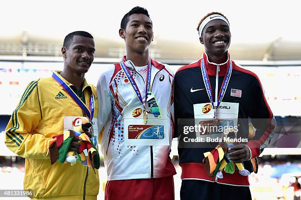 Abdul Hakim Sani Brown of Japan, gold medal, Kyle Appel of South Africa, silver medal, and Josephus Lyles of the USA, bronze medal, celebrate on the...