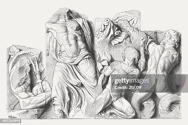 stockillustraties, clipart, cartoons en iconen met relief from pergamon altar, published in 1881 - zeus