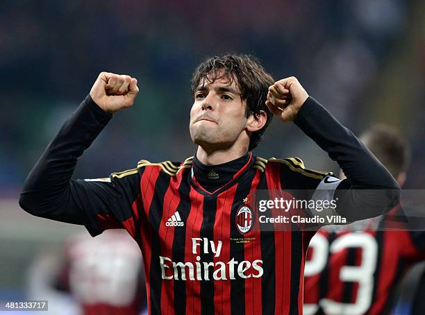 Kaka of AC Milan celebrates scoring the third goal during the Serie A match between AC Milan and AC Chievo Verona at San Siro Stadium on March 29,...