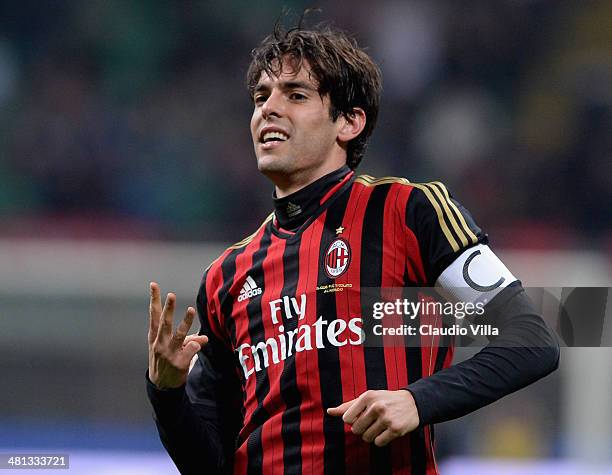 Kaka of AC Milan celebrates scoring the third goal during the Serie A match between AC Milan and AC Chievo Verona at San Siro Stadium on March 29,...