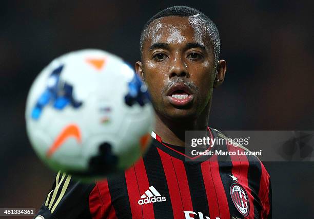 Robinho of AC Milan in action during the Serie A match between AC Milan and AC Chievo Verona at San Siro Stadium on March 29, 2014 in Milan, Italy.