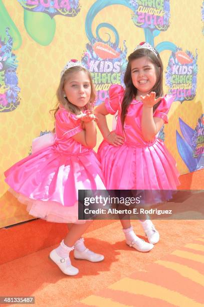 Personalities Sophia Grace Brownlee and Rosie Grace McClelland attend Nickelodeon's 27th Annual Kids' Choice Awards held at USC Galen Center on March...