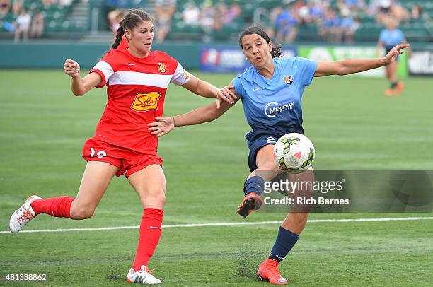 Brittany Taylor of Western New York Flash and Samantha Kerr of Sky Blue FC battle for a loose ball during the second half at Sahlen's Stadium on July...