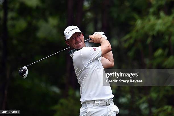 Alex Cejka of Germany hits his tee shot on the second hole during the final round of the Barbasol Championship at the Robert Trent Jones Golf Trail...