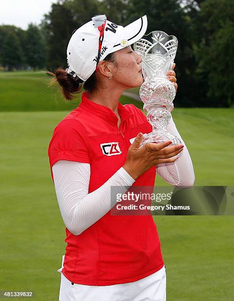 Chella Choi of South Korea kisses the trophy after winning the Marathon Classic presented by Owens Corning and O-I at Highland Meadows Golf Club on...