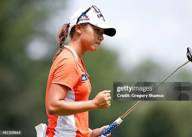 Lydia Ko of New Zealand reacts to making a birdie putt on the 17th green during the final round of the Marathon Classic presented by Owens Corning...