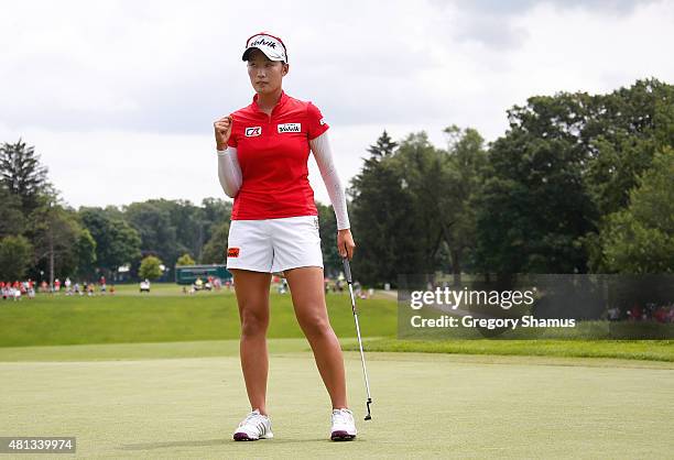 Chella Choi of South Korea reacts to making a par putt on the 18th green to force a playoff with Ha Na Jang during the final round of the Marathon...