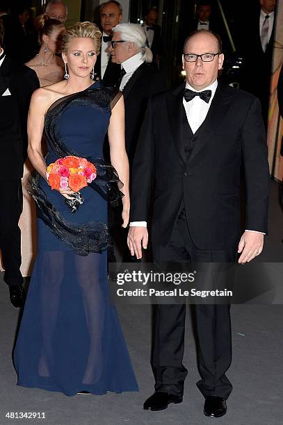 Princess Charlene of Monaco and Prince Albert II of Monaco attend the Rose Ball 2014 in aid of the Princess Grace Foundation at Sporting Monte-Carlo...