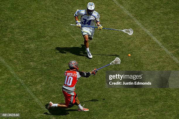 Chris Bocklet of the Denver Outlaws shoots and scores as Mark DiFrangia of the Florida Launch defends during the fourth quarter at Sports Authority...