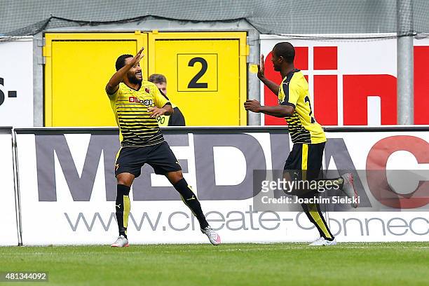 Ikechi Anya and Odion Ighalo of Watford celebration their second goal during the pre-season friendly match between SC Paderborn and Watford FC at...