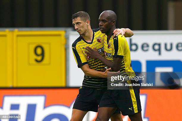 Craig Cathcart and Allan Nyom of Watford after the pre-season friendly match between SC Paderborn and Watford FC at Benteler Arena on July 19, 2015...