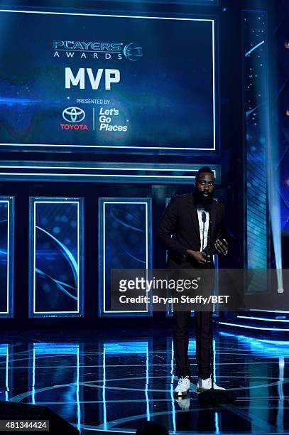 James Harden of the Houston Rockets accepts the award for Most Valuable Player during The Players' Awards presented by BET at the Rio Hotel & Casino...