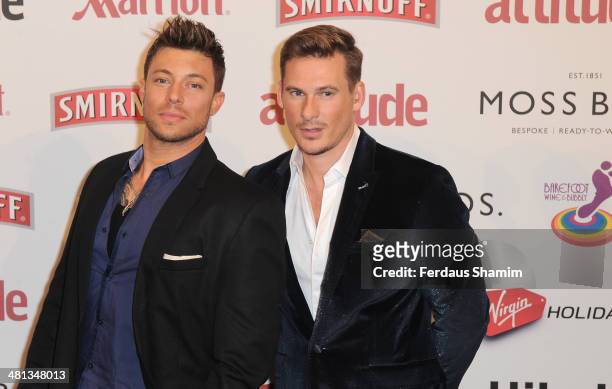 Duncan James and Lee Ryan attend the 20th birthday party of Attitude Magazine at The Grosvenor House Hotel on March 29, 2014 in London, England.