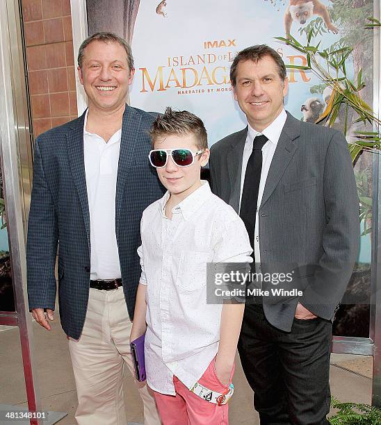 Martin Kratt, guest and Chris Kratt arrive at the "Island Of Lemurs: Madagascar" Los Angeles premiere at California Science Center on March 29, 2014...