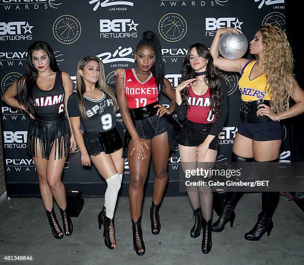 Singers Lauren Jauregui, Ally Brooke, Normani Kordei, Camila Cabello and Dinah Jane Hansen of Fifth Harmony appear backstage during The Players'...