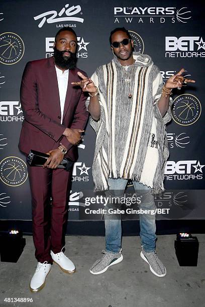 Player James Harden of the Houston Rockets and rapper 2 Chainz attends The Players' Awards presented by BET at the Rio Hotel & Casino on July 19,...