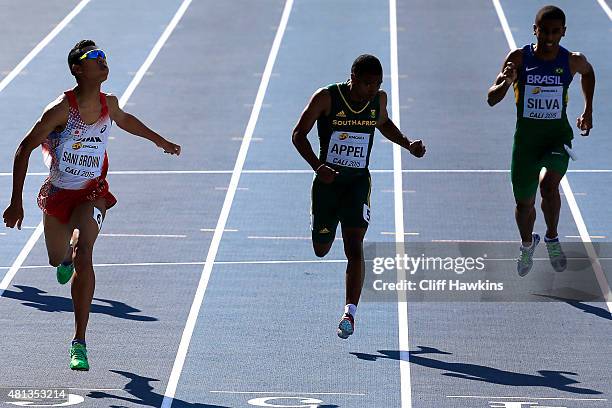 Abdul Hakim Sani Brown of Japan in action during the Boys 200 Meters Final on day five of the IAAF World Youth Championships, Cali 2015 on July 19,...