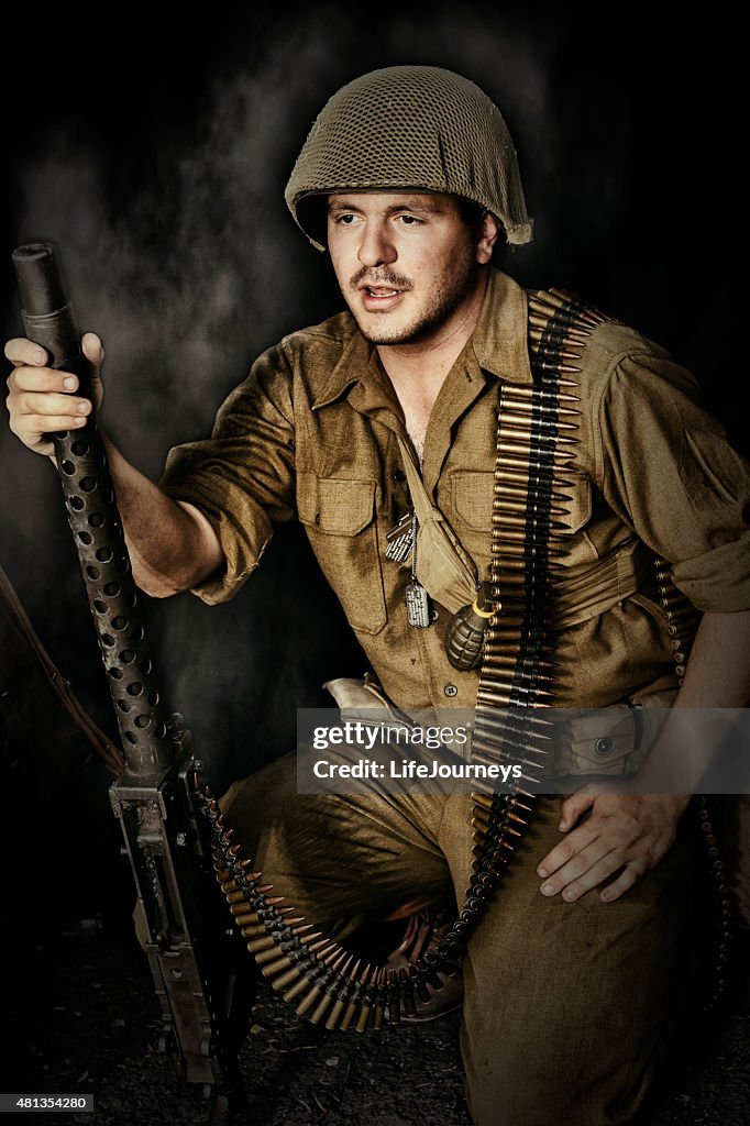 Battle Ready WWII US Soldier With 30 Caliber Machine Gun