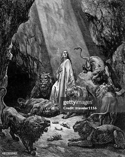daniel in the lions den - animal den stock illustrations