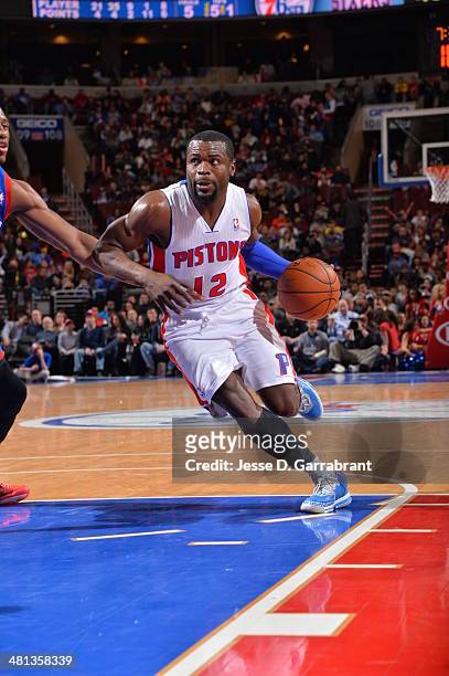 Will Bynum of the Detroit Pistons handles the ball against the Philadelphia 76ers at the Wells Fargo Center on March 29, 2014 in Philadelphia,...