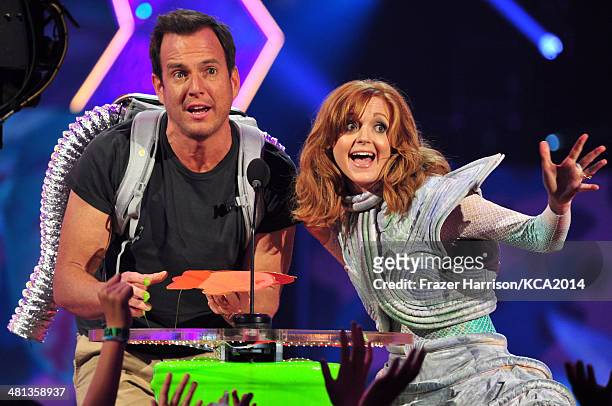 Actors Will Arnett and Jayma Mays onstage during Nickelodeon's 27th Annual Kids' Choice Awards held at USC Galen Center on March 29, 2014 in Los...