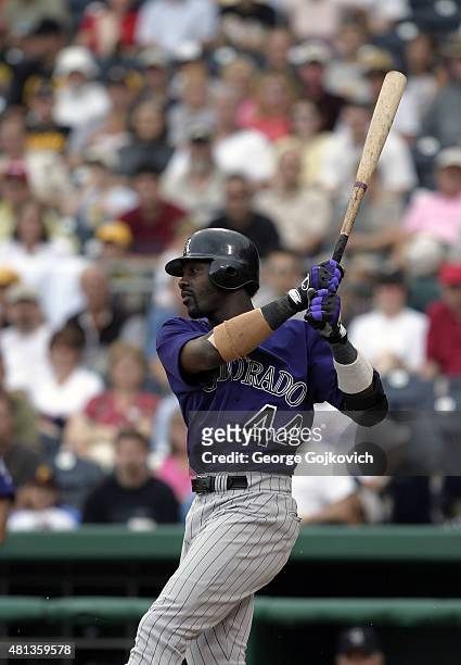 Preston Wilson of the Colorado Rockies bats during a Major League Baseball game against the Pittsburgh Pirates at PNC Park on August 3, 2003 in...