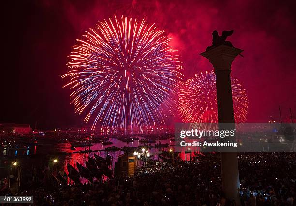 Fireworks explode over the St. Mark's Basin for the Redentore Celebrations on July 18, 2015 in Venice, Italy. Redentore , which is in remembrance of...