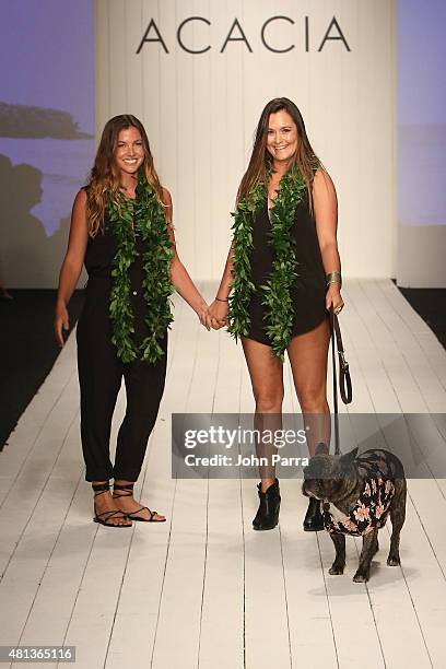 Designers Naomi Newirth and Lyndie Irons walk the runway at the Acacia fashion show during FUNKSHION: Fashion Week Miami Beach Swim at the FUNKSHION...