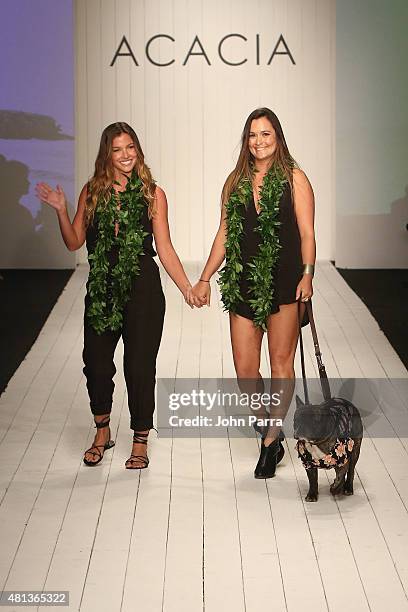 Designers Naomi Newirth and Lyndie Irons walk the runway at the Acacia fashion show during FUNKSHION: Fashion Week Miami Beach Swim at the FUNKSHION...