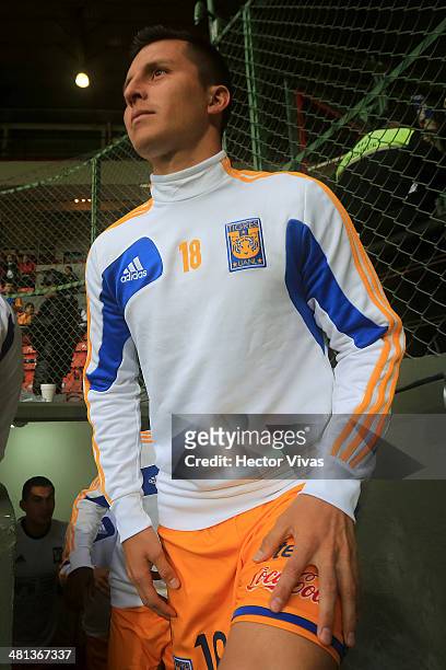 Jose Francisco Torres of Tigres walks on the field before a match between Toluca and Tigres UANL as part of the 13th round of Clausura 2014 Liga MX...