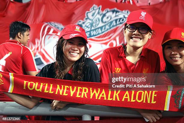 Liverpool fans celebrate after the international friendly match between Thai Premier League All Stars and Liverpool FC at Rajamangala Stadium in...