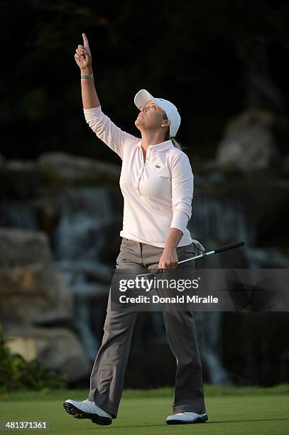 Cristie Kerr reacts to a par save on the 18th hole during the third round of the KIA Classic at the Park Hyatt Aviara Resort on March 29, 2014 in...