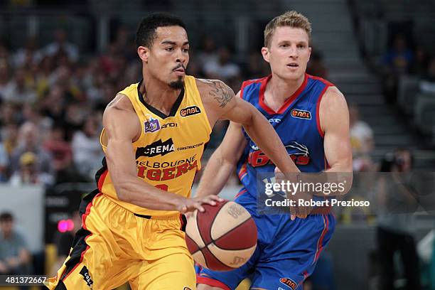 Mustapha Farrakhan of the Tigers drives to the basket during game two of the NBL Semi Final series between the Melbourne Tigers and the Adelaide...