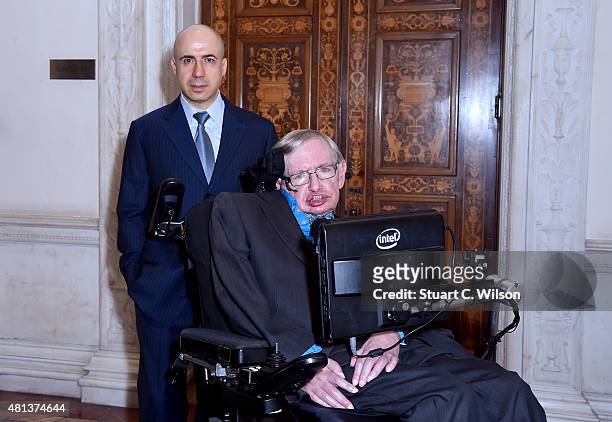 Global Founder Yuri Milner and Theoretical Physicist Stephen Hawking ahead of a press conference on the Breakthrough Life in the Universe...