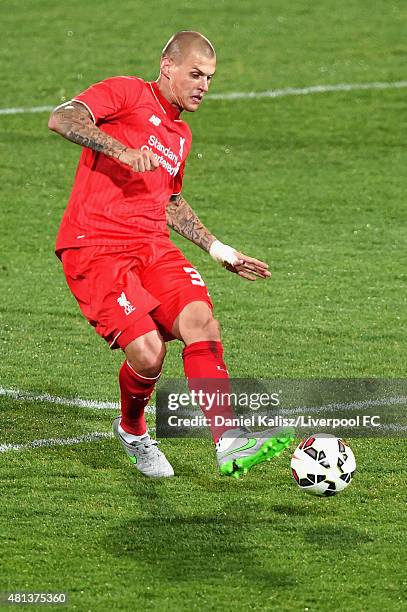 Martin Skrtel of Liverpool kicks the ball during the international friendly match between Adelaide United and Liverpool FC at Adelaide Oval on July...