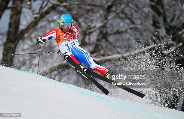 Mathieu Faivre of France in action during the Alpine Skiing Men's Giant Slalom on day 12 of the Sochi 2014 Winter Olympics at Rosa Khutor Alpine...