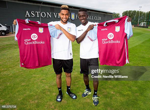 New signings Jordan Amavi and Idrissa Gueye of Aston Villa pose for pictures at the club's training ground at Bodymoor Heath on July 20, 2015 in...