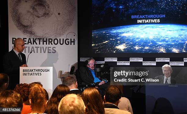 Global Founder Yuri Milner, Theoretical Physicist Stephen Hawking and Cosmologist and astrophysicist Lord Martin Rees attend a press conference on...