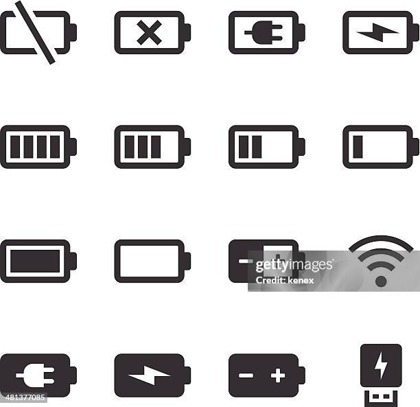 stockillustraties, clipart, cartoons en iconen met mono icons set | battery & power - usb cord