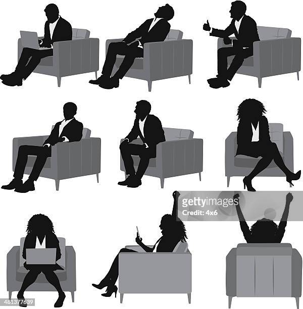 illustrazioni stock, clip art, cartoni animati e icone di tendenza di uomini d'affari seduto sul divano - stare seduto