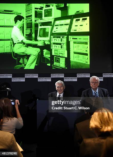 Cosmologist and astrophysicist Lord Martin Rees and Chairman Emeritus, SETI Institute Frank Drake attend a press conference on the Breakthrough Life...