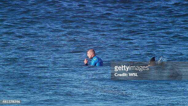 In this screen grab from footage by the World Surf League, Mick Fanning of Australia shortly before being attacked by a Shark at the Jbay Open on...