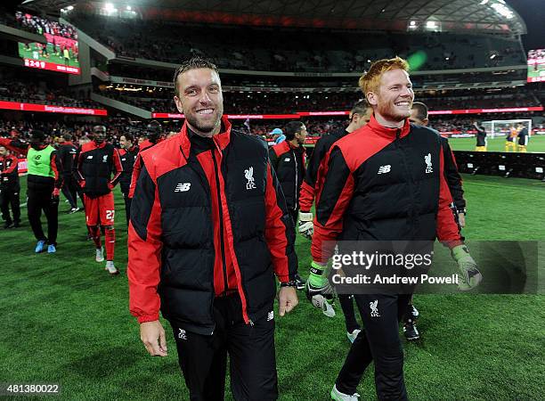 Rickie Lambert and Adam Bogdan of Liverpool show their appreciation to the fans at the end of the international friendly match between Adelaide...