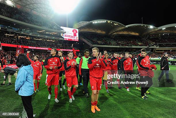 Lucas Leiva of Liverpool shows his appreciation to the fans at the end of the international friendly match between Adelaide United and Liverpool FC...