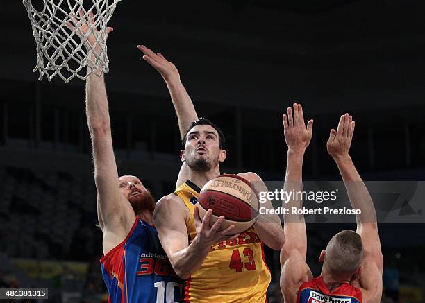 Chris Goulding of the Tigers drives to the basket during game two of the NBL Semi Final series between the Melbourne Tigers and the Adelaide 36ers at...