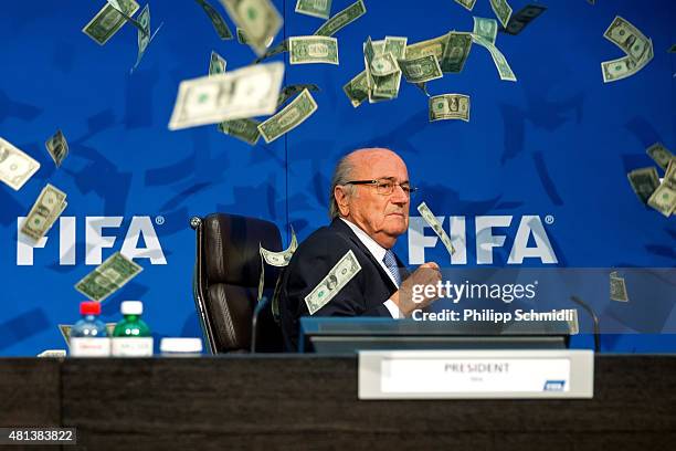 Comedian attacked FIFA President Joseph S. Blatter with money during a press conference at the Extraordinary FIFA Executive Committee Meeting at the...