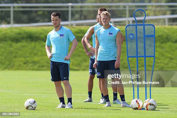 Alexander Baumjohann and Johannes van den Bergh of Hertha BSC during the training camp in Schladming on July 20, 2015 in Schladming, Austria.