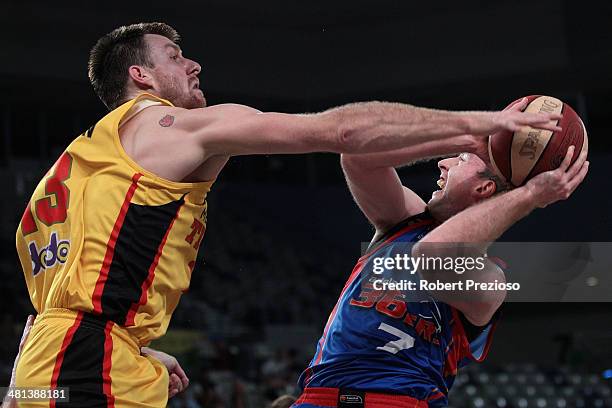 Brendan Teys of the 36ers drives to the basket during game two of the NBL Semi Final series between the Melbourne Tigers and the Adelaide 36ers at...