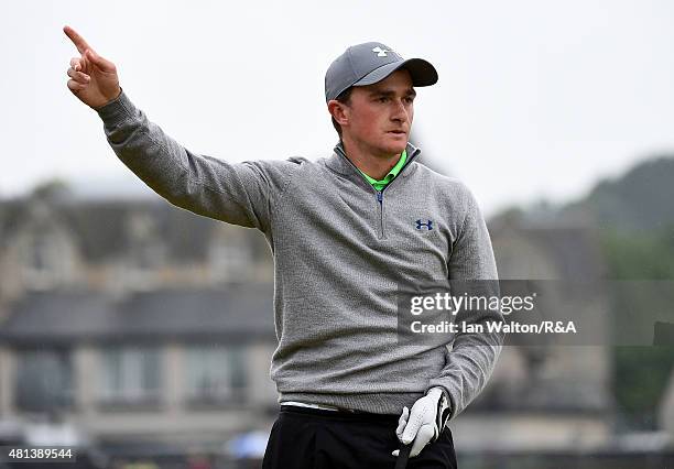 Amateur Paul Dunne of Ireland indicates a fore after hitting his tee shot on the second hole during the final round of the 144th Open Championship at...