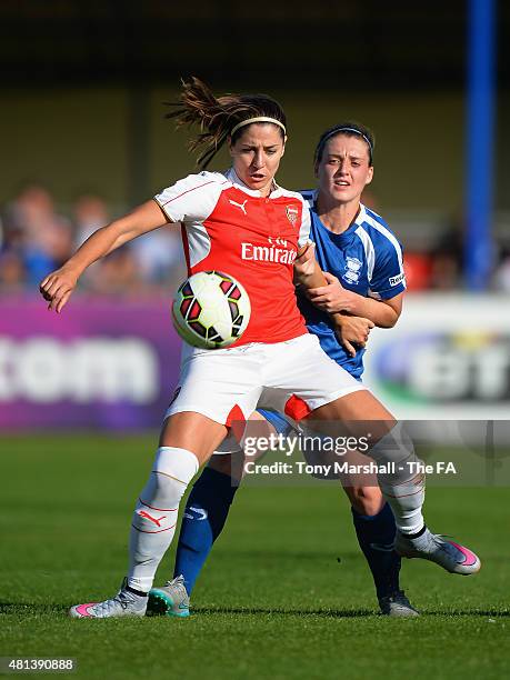 Jade Moore of Birmingham City Ladies tackles Vicky Losada of Arsenal Ladies FC during the Women's Super League match between Birmingham City Ladies...